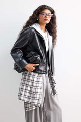 Relax Fit Faux Leather Jacket with Detachable Hood and Zipper