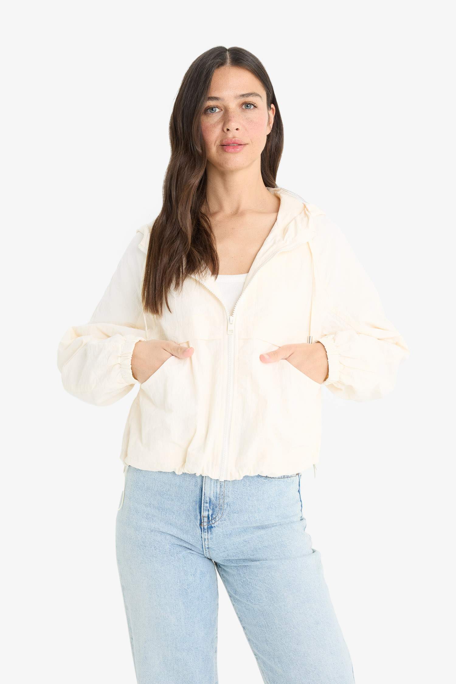 Regular Fit Hooded Zippered Crop Raincoat