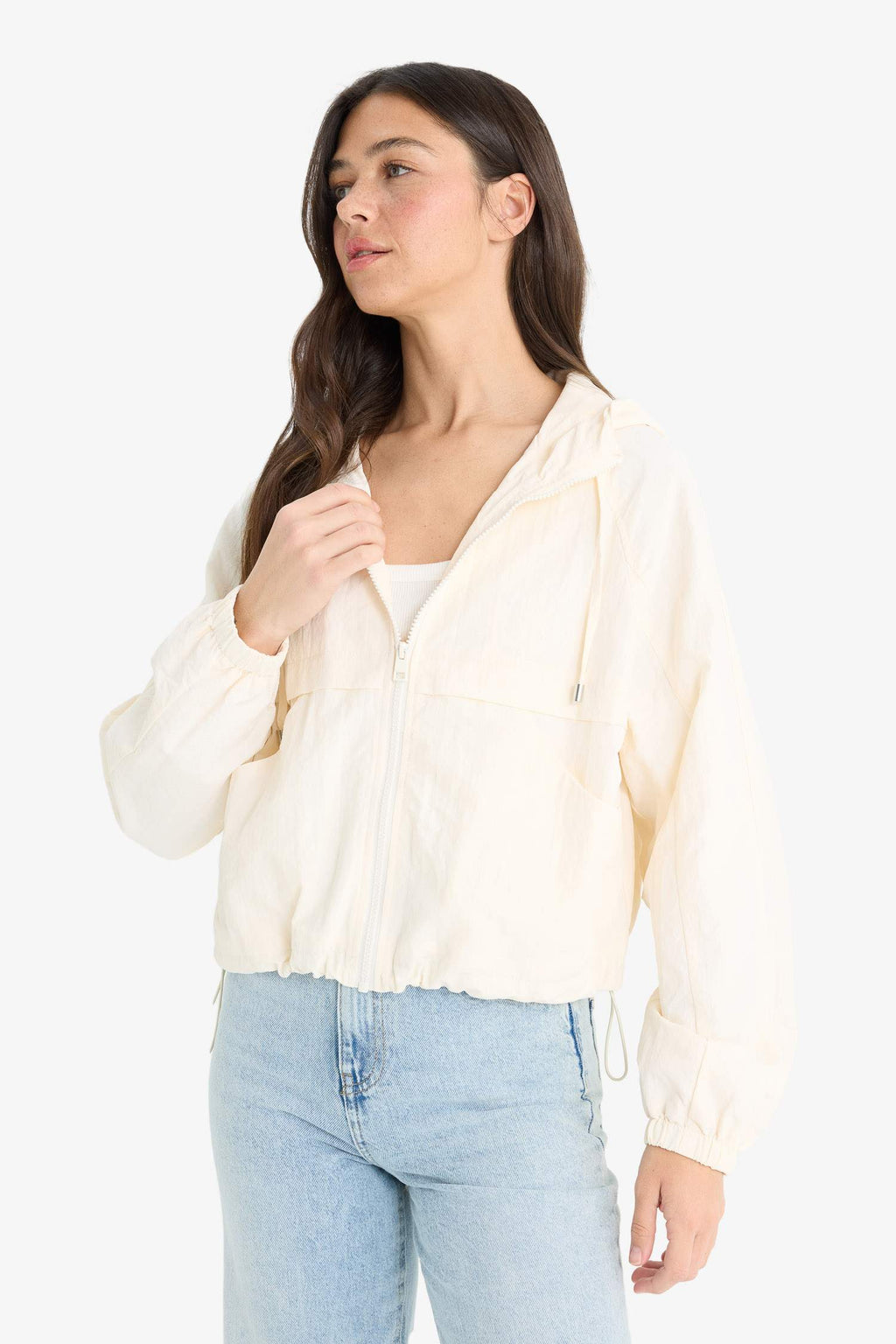 Regular Fit Hooded Zippered Crop Raincoat