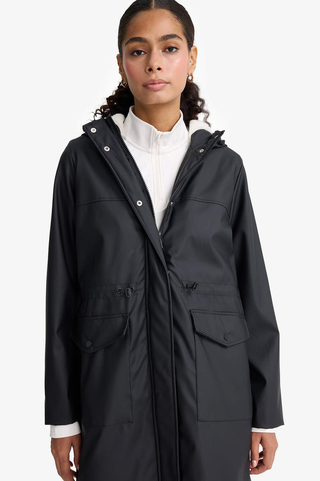 Regular Fit Hooded Faux Leather Raincoat Hover Image