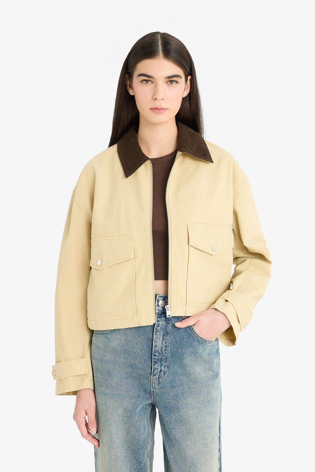 Regular Fit Contrast Collar Zippered Pocket Crop Coat