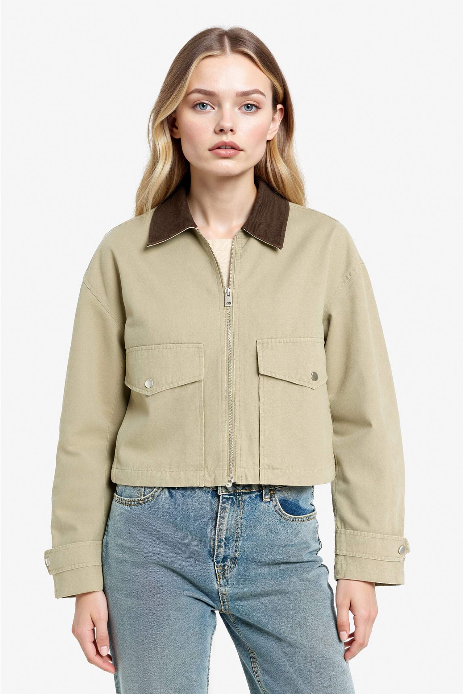 Regular Fit Contrast Collar Zippered Pocket Crop Coat