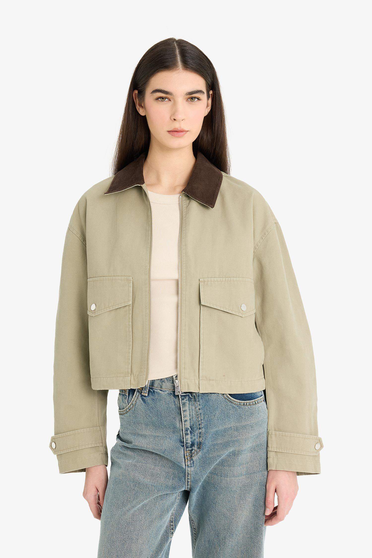 Regular Fit Contrast Collar Zippered Pocket Crop Coat