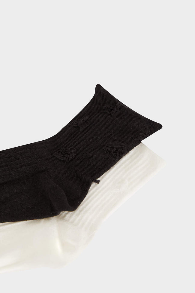 2 Pcs Combed Cotton Premium Sock With Women's Seamless Ripped Pattern Hover Image