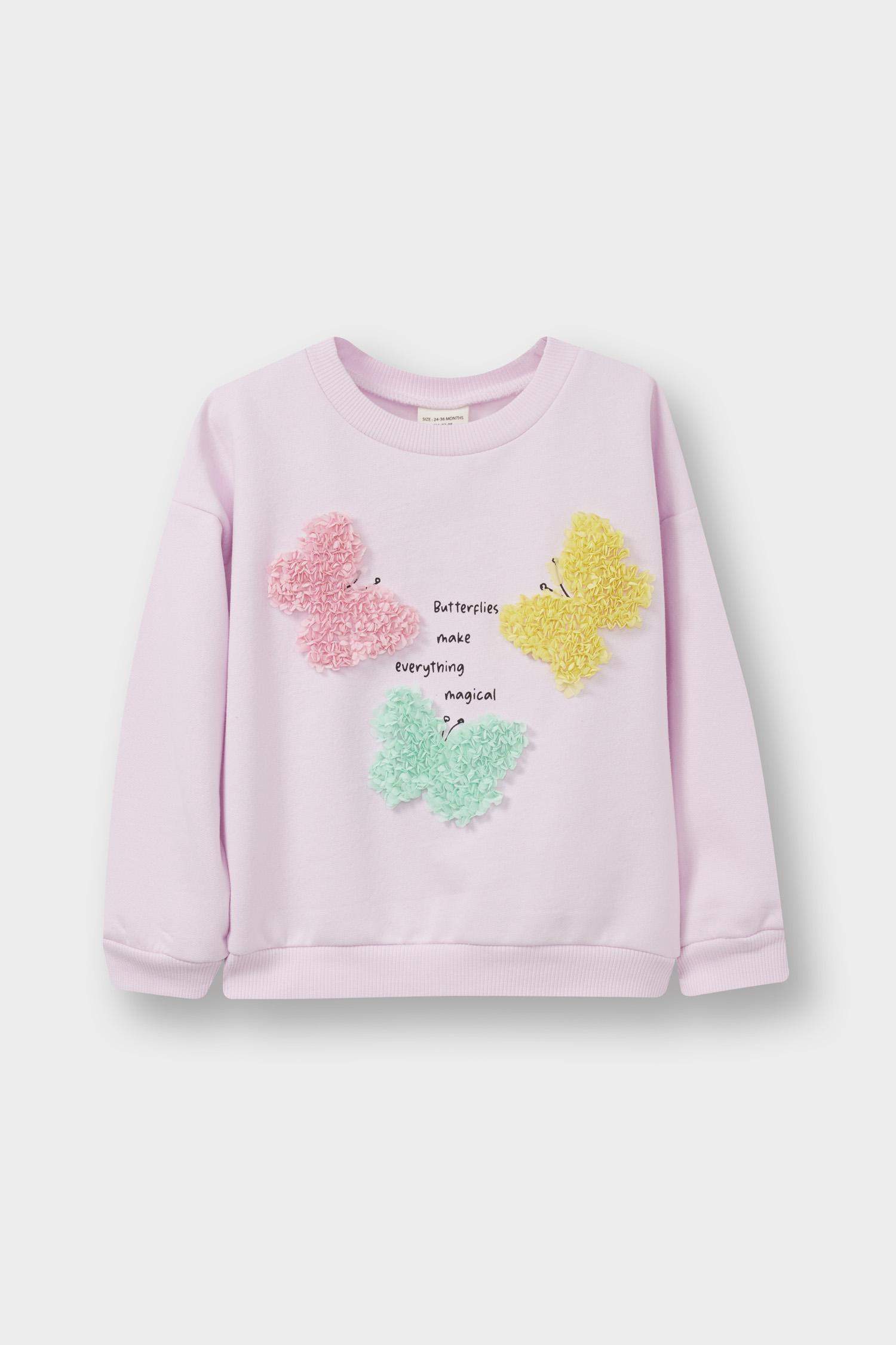 Baby Girl Crew Neck Printed Sweatshirt with Soft Furry Inside