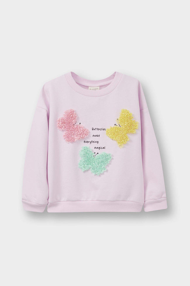 Baby Girl Crew Neck Printed Sweatshirt with Soft Furry Inside Hover Image