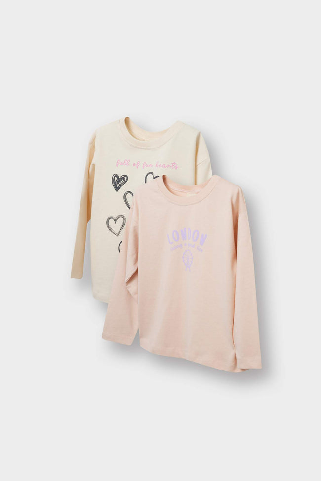 Baby Girl Crew Neck Heart Patterned 2-Pack Long Sleeve T-Shirt Hover Image