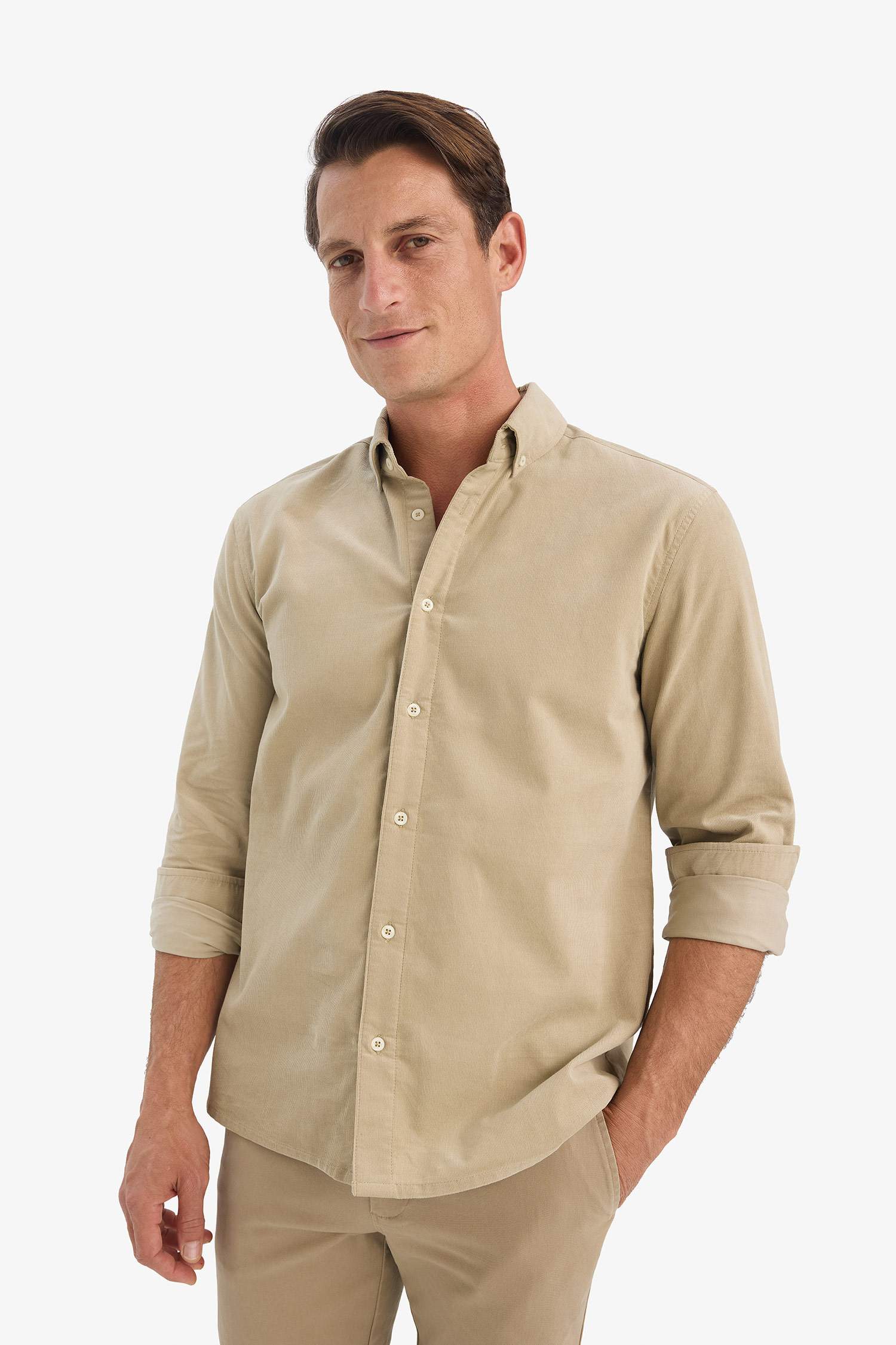 Regular Fit Polo Collar Corduroy Long-Sleeve Shirt