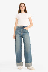 Baggy Fit High Waist Folded Leg Jean Snow Washed Trousers