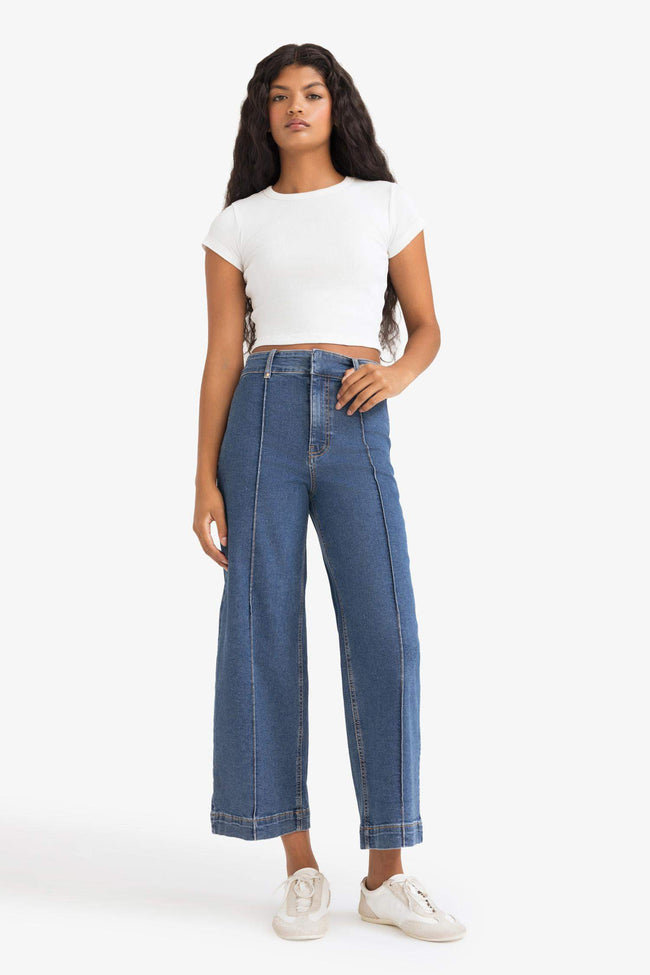 Culotte High Waist Crop Fit Crop Jean Snow Wash Trousers Hover Image