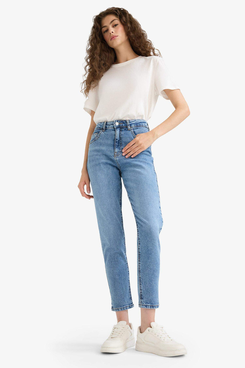 Comfort Mom High Waist Ankle Length Washed Jean Trousers