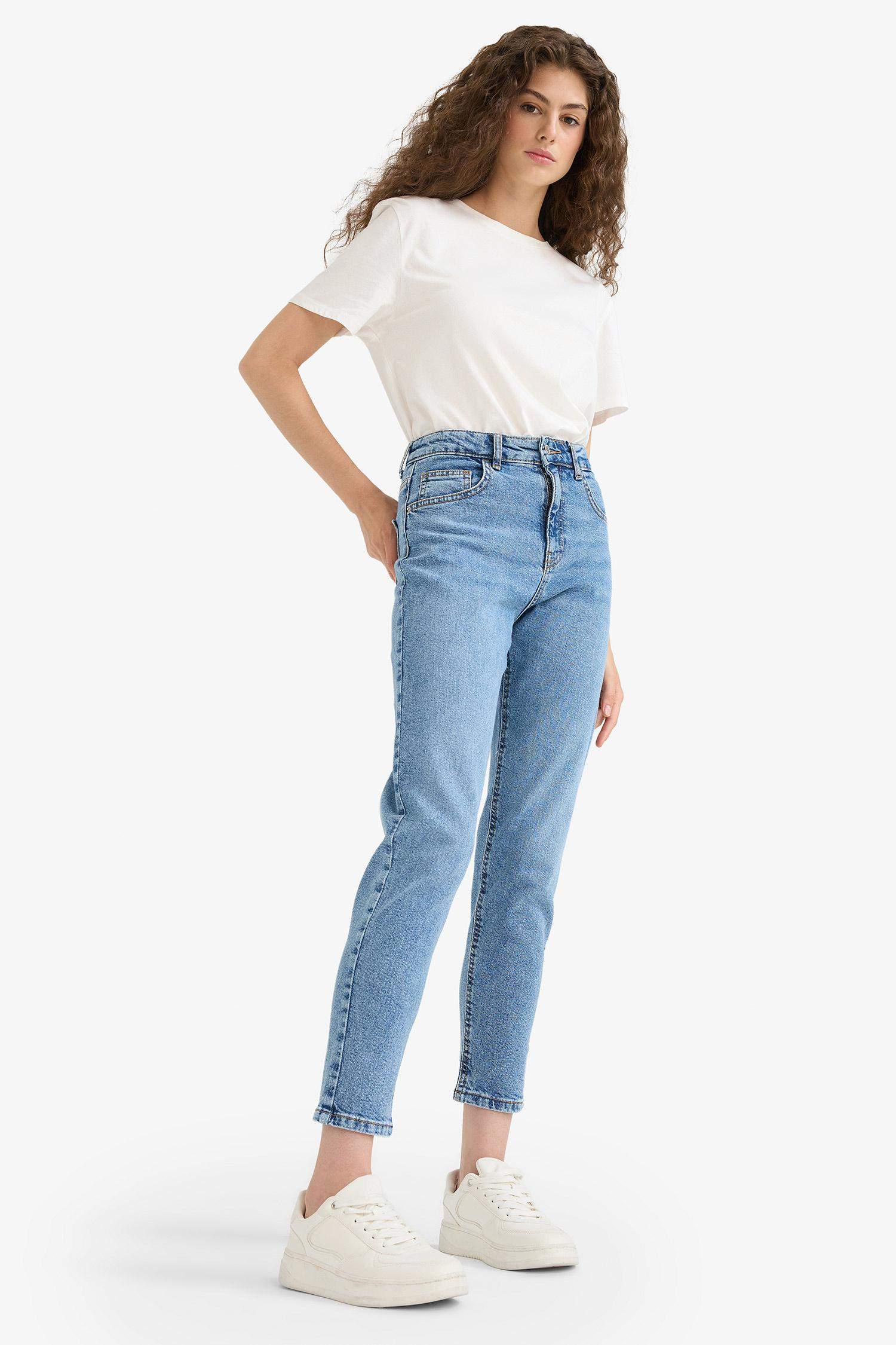 Comfort Mom High Waist Ankle Length Washed Jean Trousers