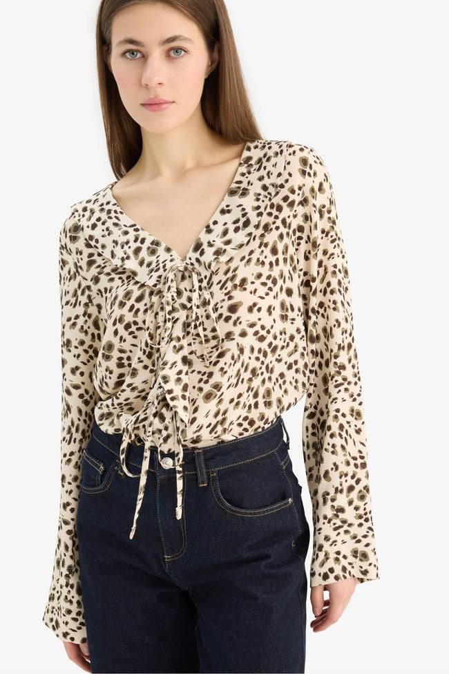 Regular Fit V Neck Leopard Shirt Hover Image