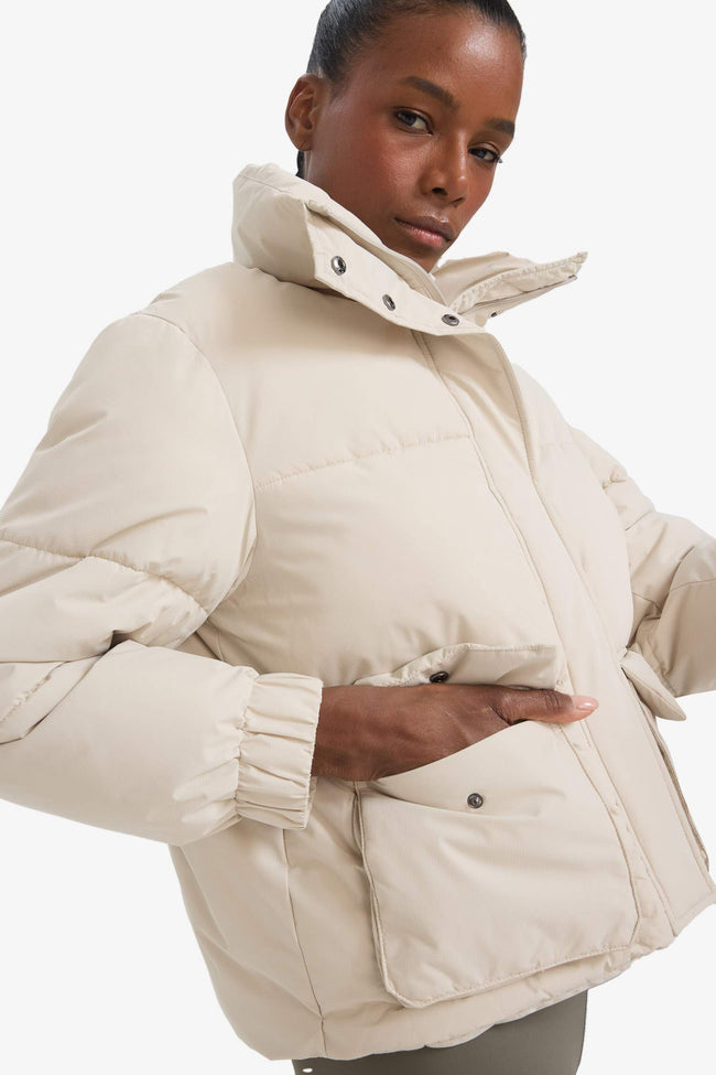 Water Repellent Oversize Fit Wide Mold Stand Collar Zippered Snap Pocket Puffer Jacket Hover Image