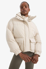Water Repellent Oversize Fit Wide Mold Stand Collar Zippered Snap Pocket Puffer Jacket