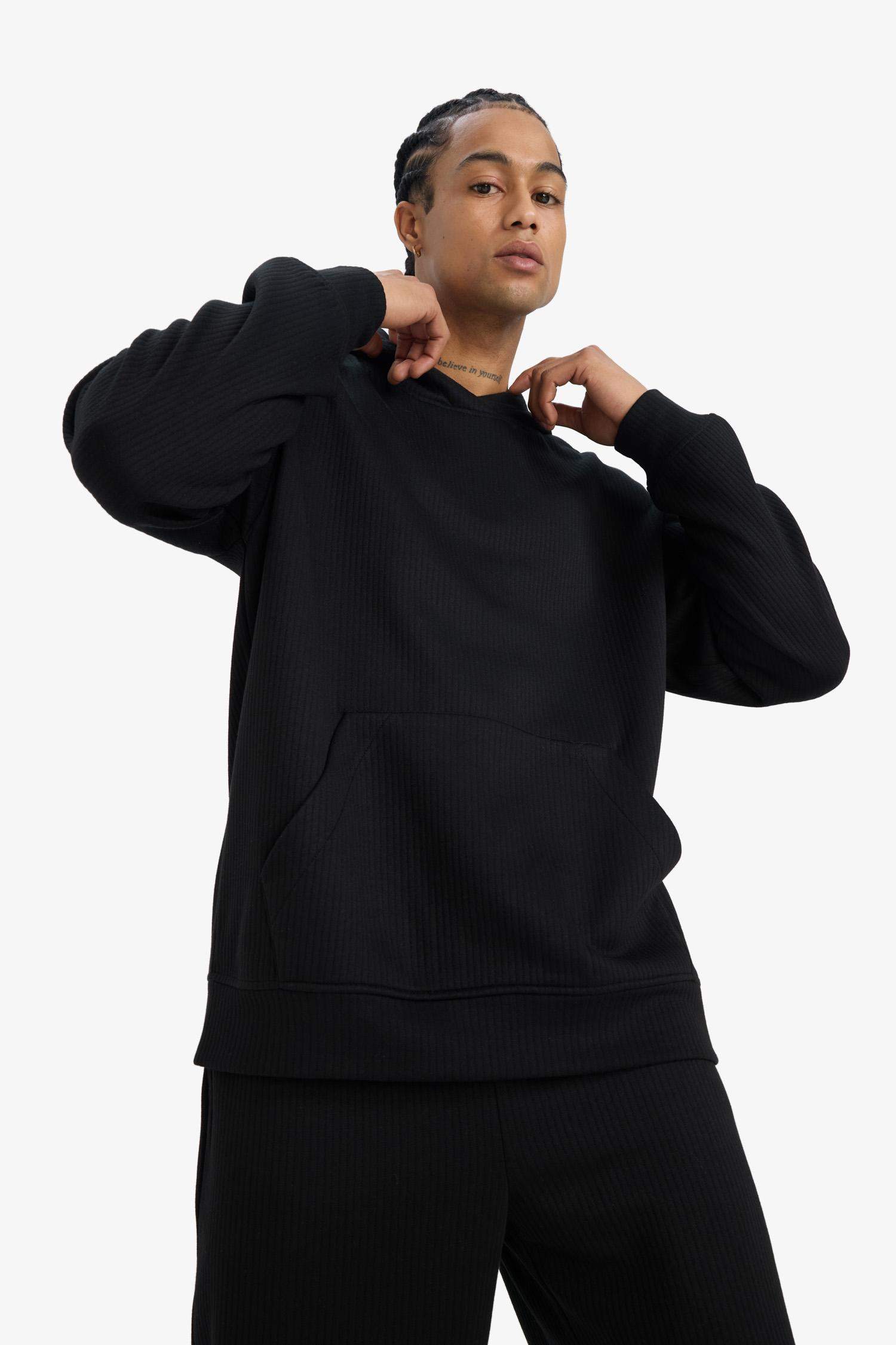 Boxy Fit Hooded Kangaroo Pocket Jacquard Sweatshirt