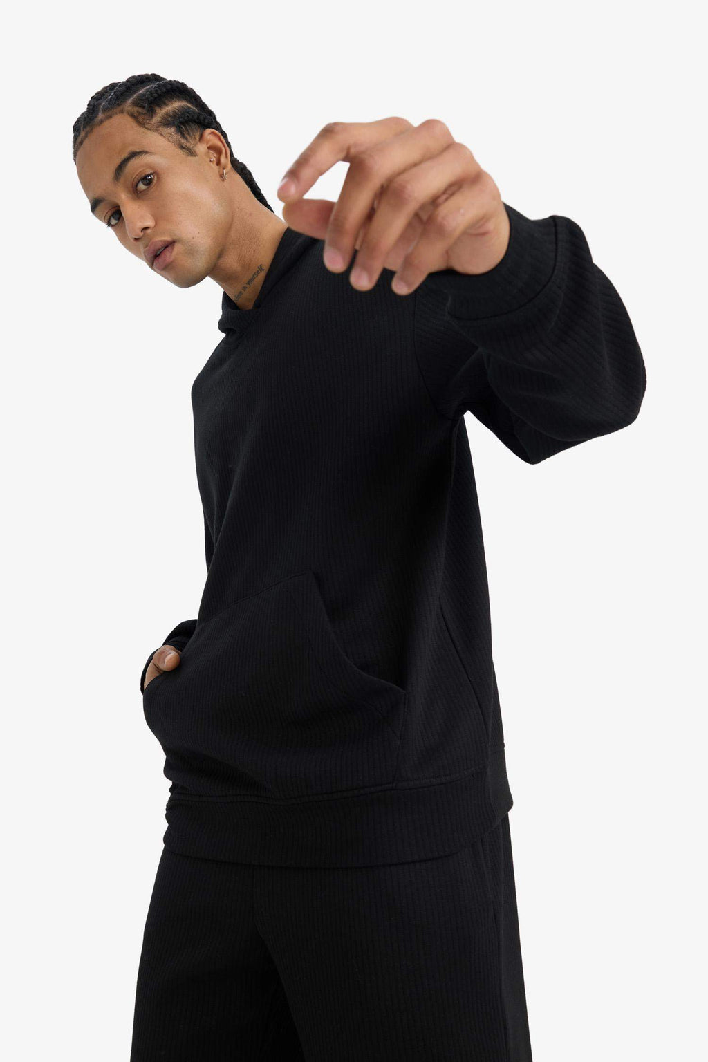 Boxy Fit Hooded Kangaroo Pocket Jacquard Sweatshirt