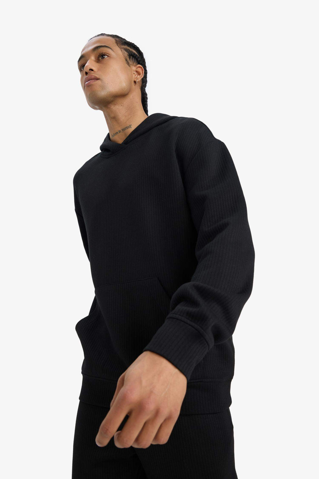 Boxy Fit Hooded Kangaroo Pocket Jacquard Sweatshirt