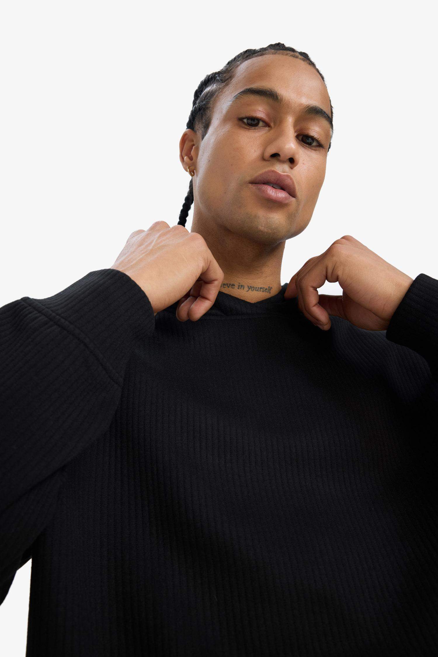 Boxy Fit Hooded Kangaroo Pocket Jacquard Sweatshirt