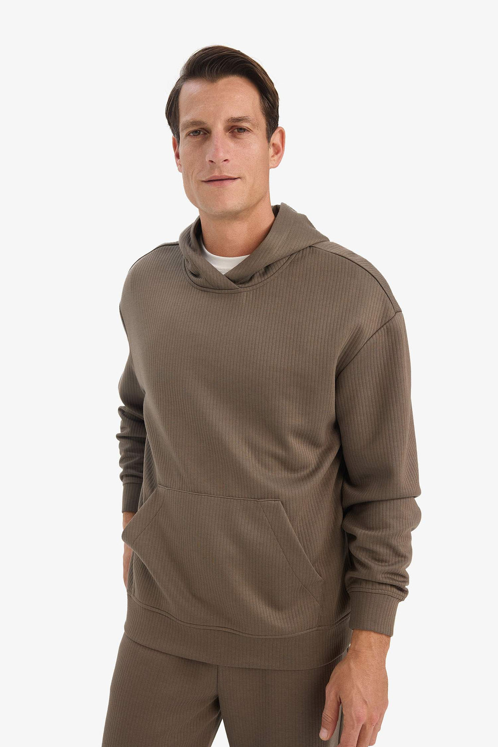 Boxy Fit Hooded Kangaroo Pocket Jacquard Sweatshirt