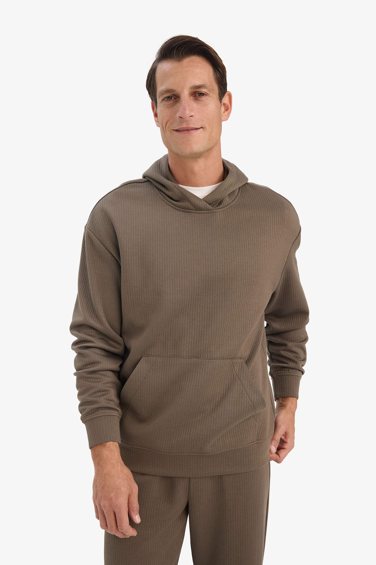 Boxy Fit Hooded Kangaroo Pocket Jacquard Sweatshirt