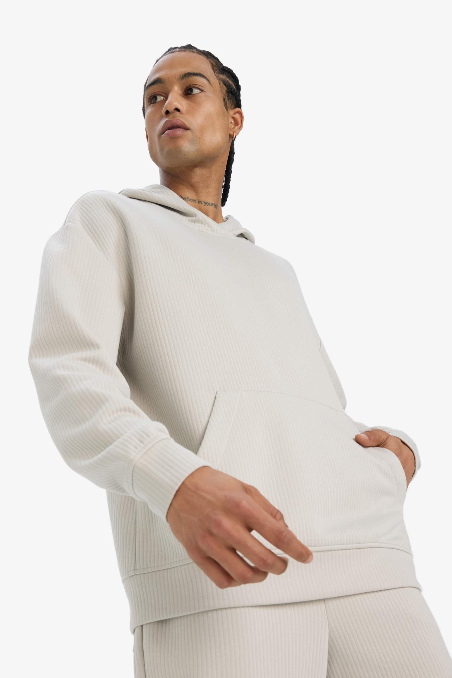 Boxy Fit Hooded Kangaroo Pocket Jacquard Sweatshirt