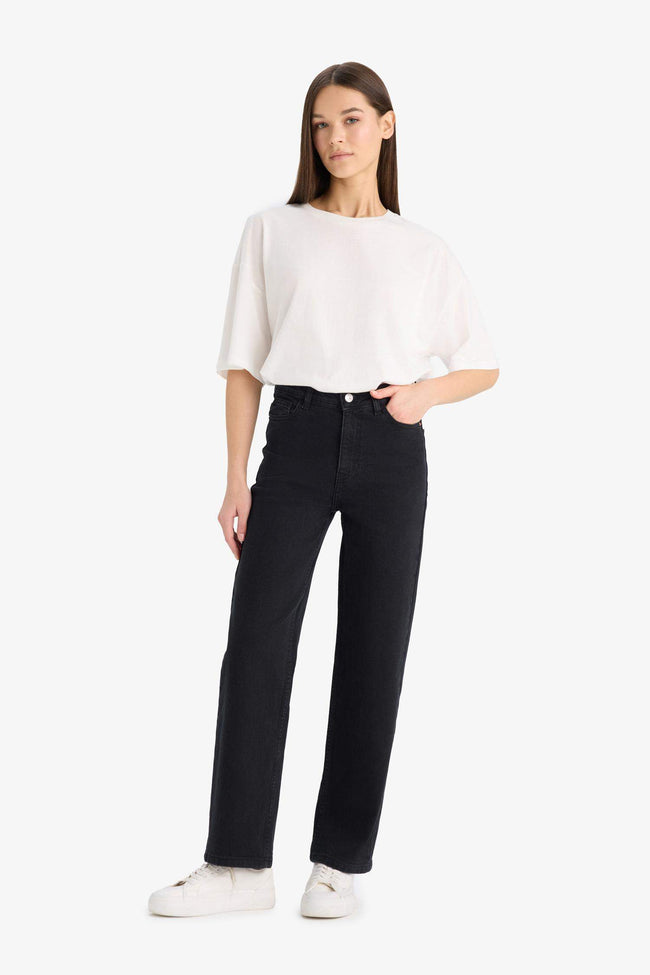 Comfortable jeans with a high waist and straight long legs. Hover Image