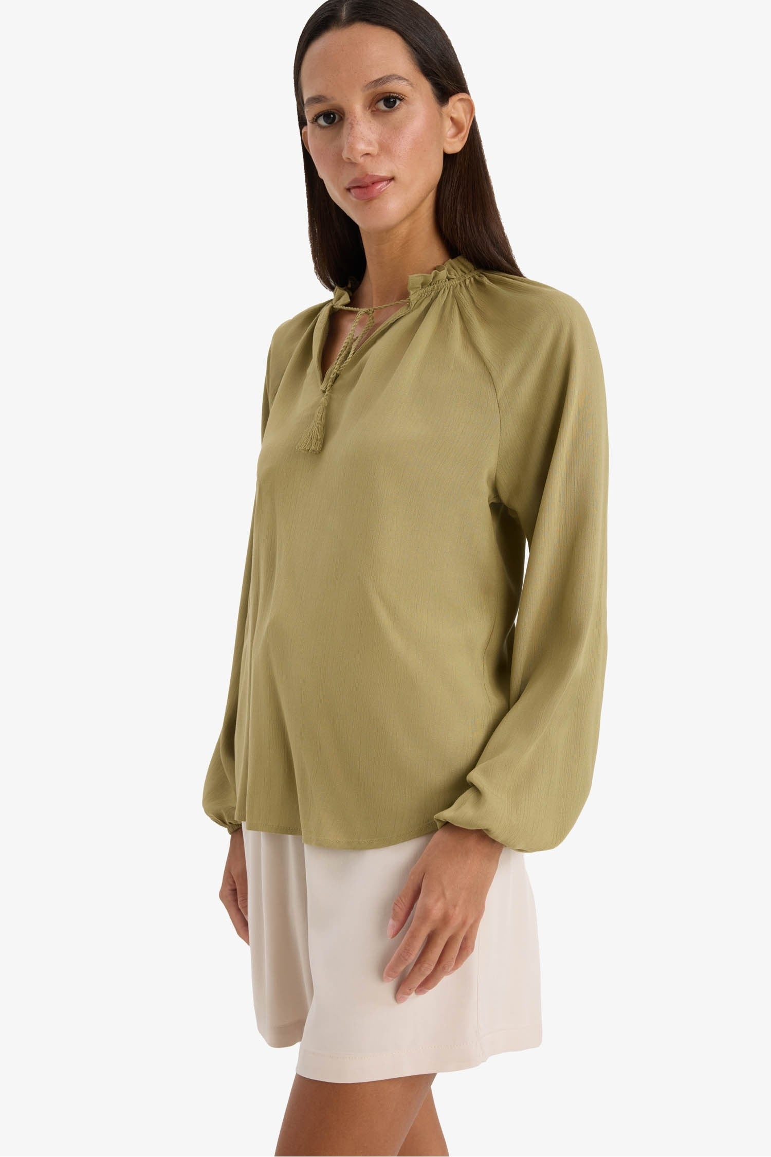 Regular Fit Lace Collar Cricket Fabric Long Sleeve Blouse