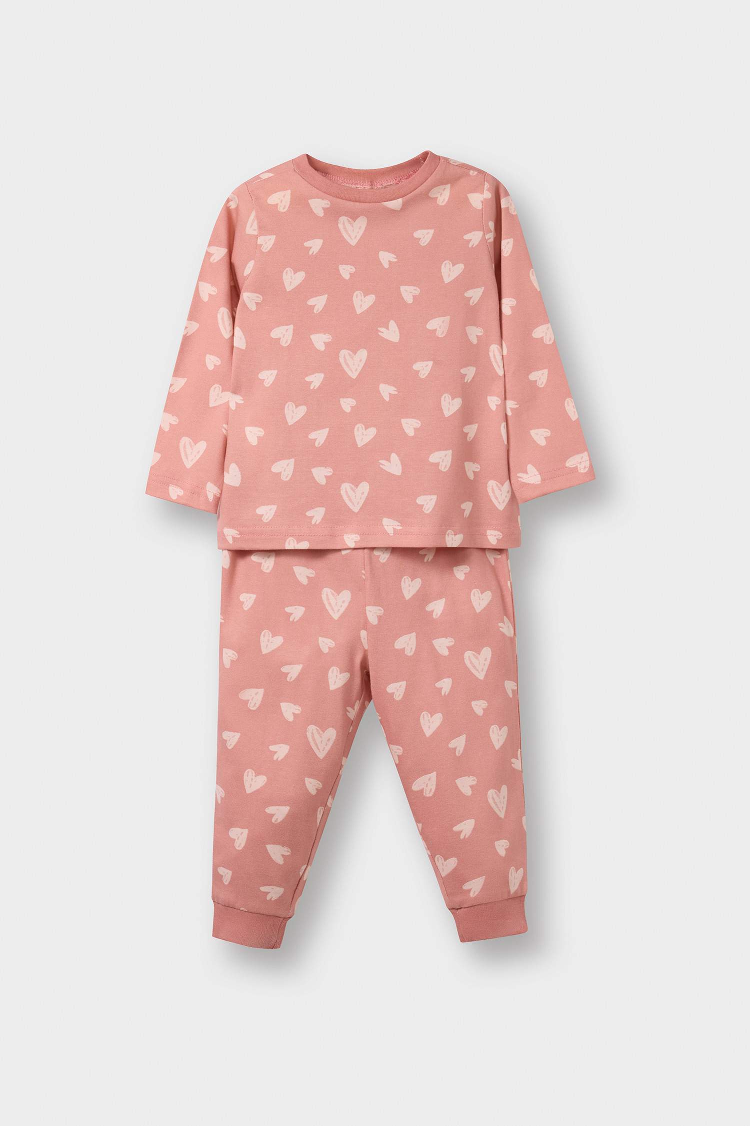 Baby Girl Pajama Set Heart Patterned Long Sleeve Combed Cotton Top and Long Bottoms