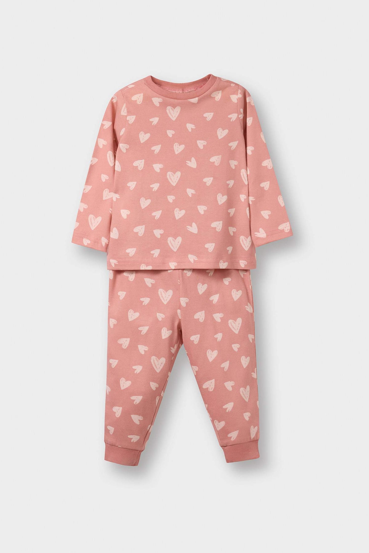 Baby Girl Pajama Set Heart Patterned Long Sleeve Combed Cotton Top and Long Bottoms