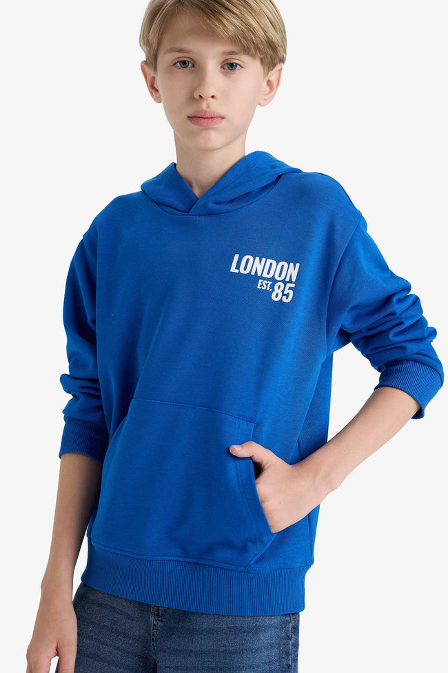 Boys Printed Hooded School Sweatshirt with Soft Fur Inside Hover Image