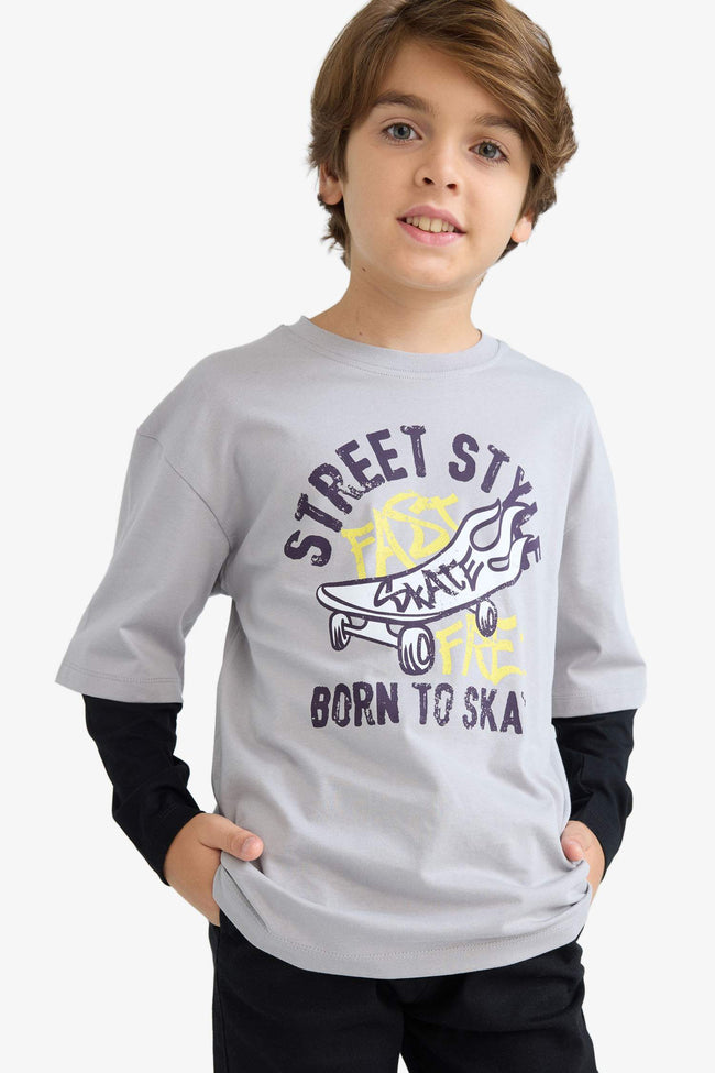 Boys Oversize Wide-Mould Crew Neck Printed Long Sleeve T-Shirt Hover Image
