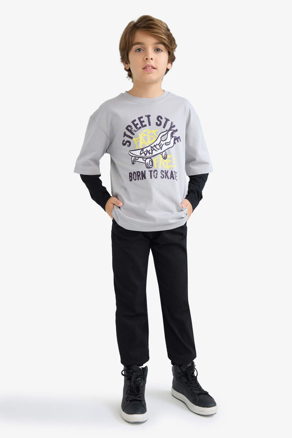 Boys Oversize Wide-Mould Crew Neck Printed Long Sleeve T-Shirt