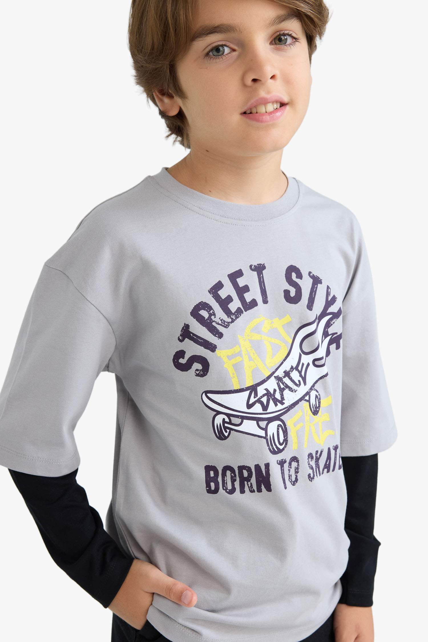 Boys Oversize Wide-Mould Crew Neck Printed Long Sleeve T-Shirt
