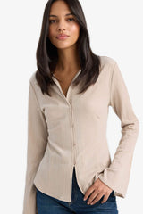 Regular Fit Shirt Collar Long Sleeve Blouse