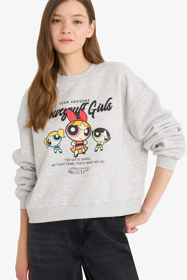 Cool PowerPuff Girls Regular Fit Crew Neck Printed Sweater in Heavyweight Fabric Hover Image