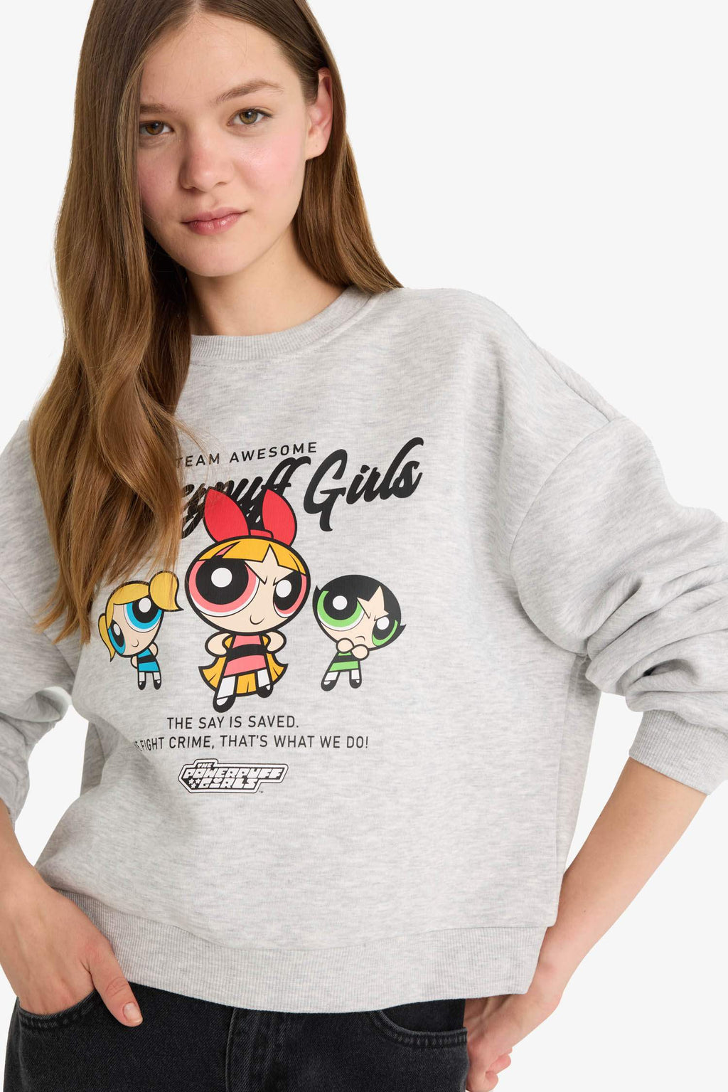 Cool PowerPuff Girls Regular Fit Crew Neck Printed Sweater in Heavyweight Fabric