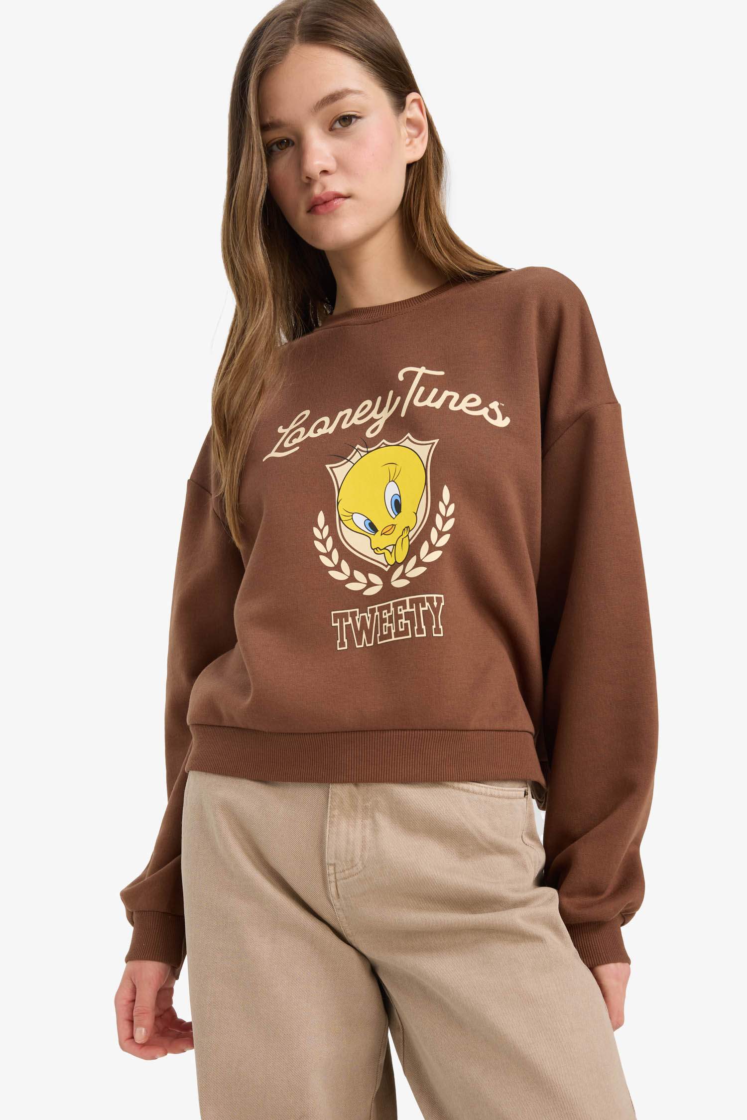 Cool Looney Tunes regular fit crew neck sweater with print in heavyweight material