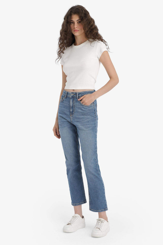 Mary Vintage Straight Fit High Waist Ankle Length Washed Jean Trousers Main Image