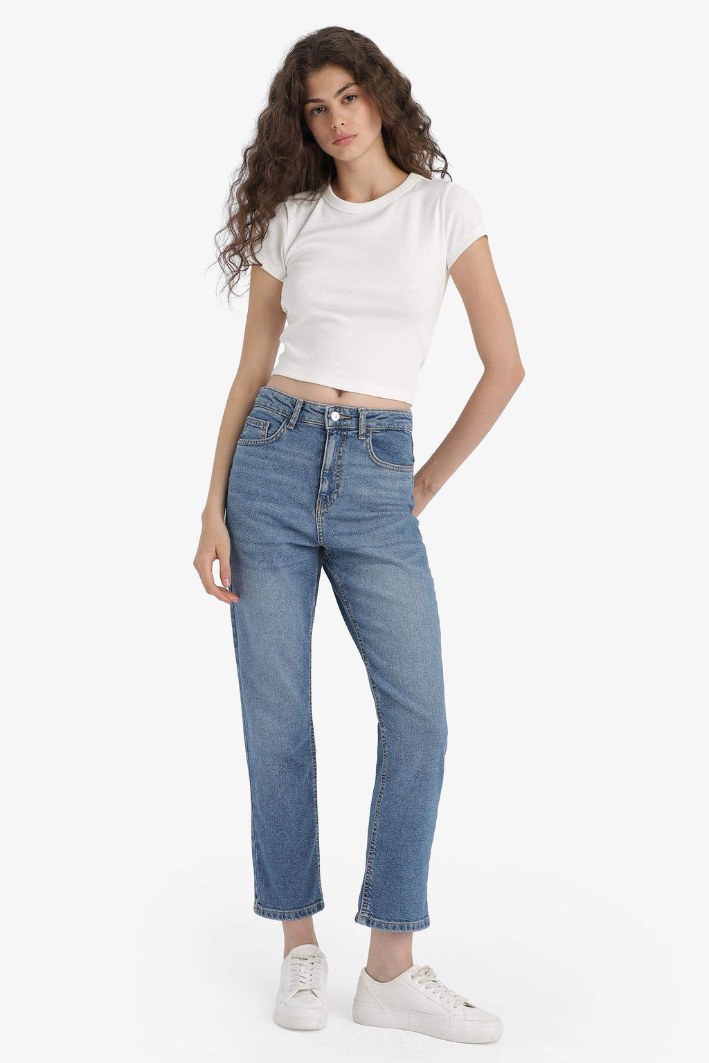 Mary Vintage Straight Fit High Waist Ankle Length Washed Jean Trousers