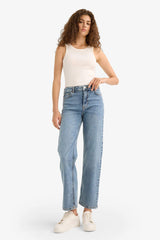 Comfort Straight High Waist Ankle Length Washed Jean Trousers