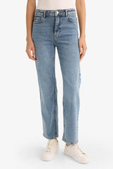 Comfort Straight High Waist Ankle Length Washed Jean Trousers