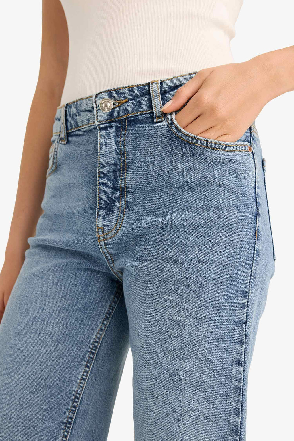 Comfort Straight High Waist Ankle Length Washed Jean Trousers