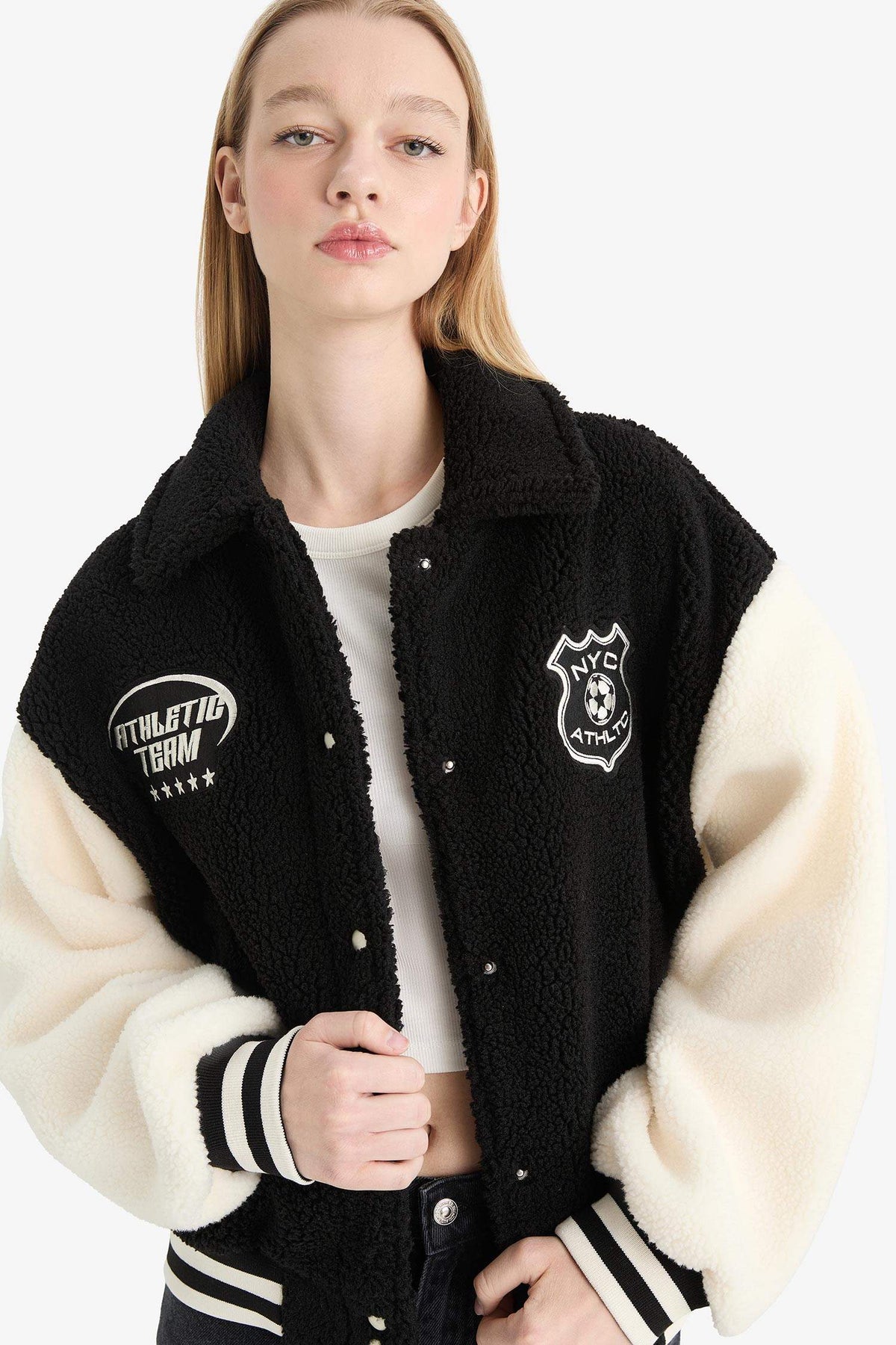 Cool Oversize Wide Fit Polo Collar Plush Bomber Jacket
