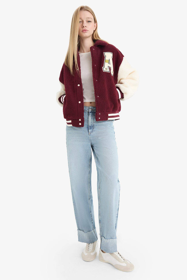 Cool Oversize Wide Fit Polo Collar Plush Bomber Jacket Main Image