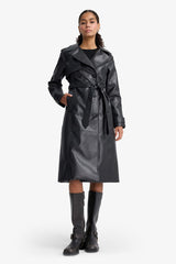 Regular Fit Faux Leather Buttoned Pocket Long Trench Coat