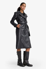 Regular Fit Faux Leather Buttoned Pocket Long Trench Coat
