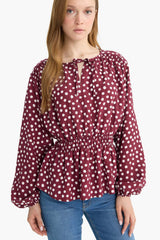 Regular Fit Crew Neck Polka Dot Long Sleeve Blouse