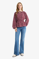 Regular Fit Crew Neck Polka Dot Long Sleeve Blouse