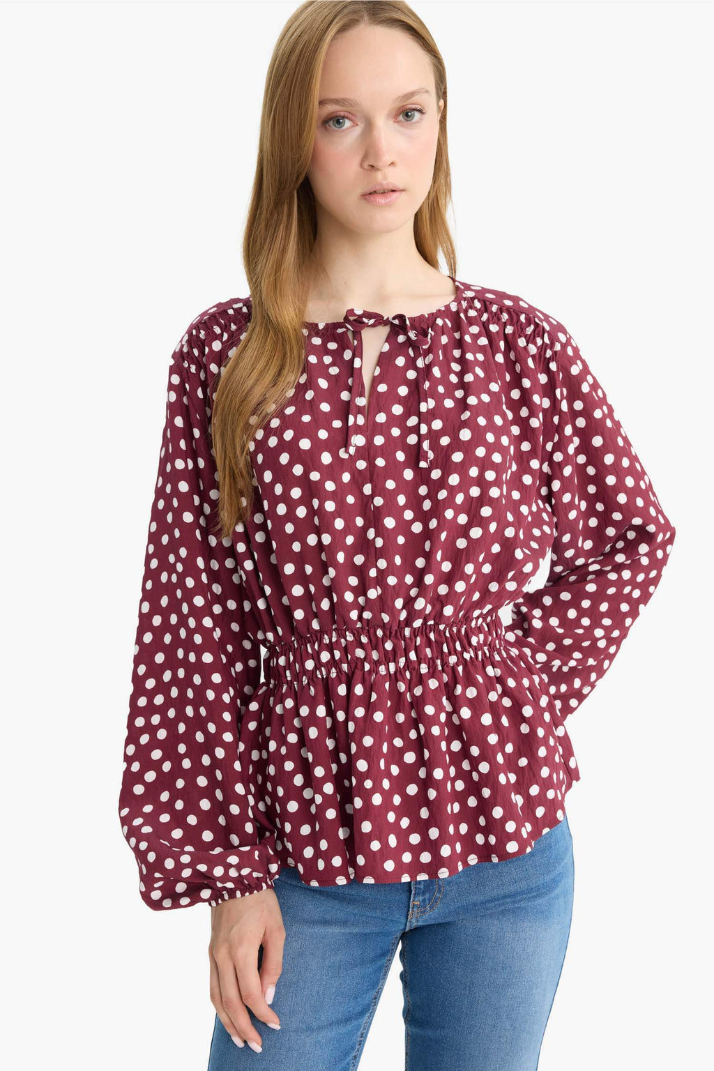 Regular Fit Crew Neck Polka Dot Long Sleeve Blouse